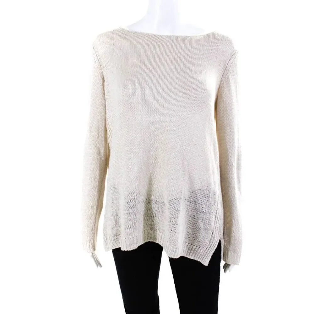 Vince Womens Long Sleeved Tight Knit Boat Neck Pullover Sweater Beige Size M